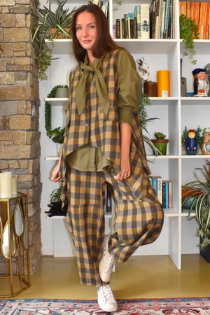 Nora Brushed Cotton Gingham Trapeze Waistcoat Deep Olive